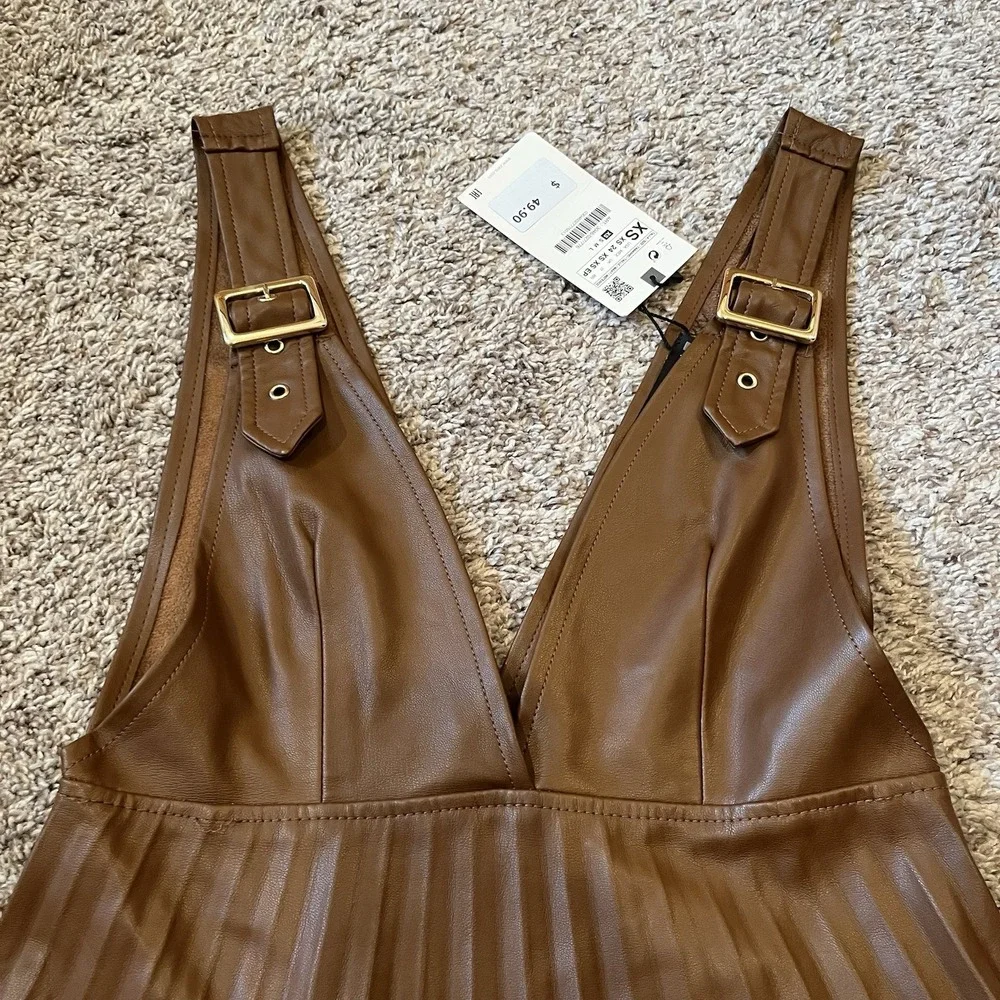 Zara Brown Faux Leather Pleated Strapless Pinafore Dress